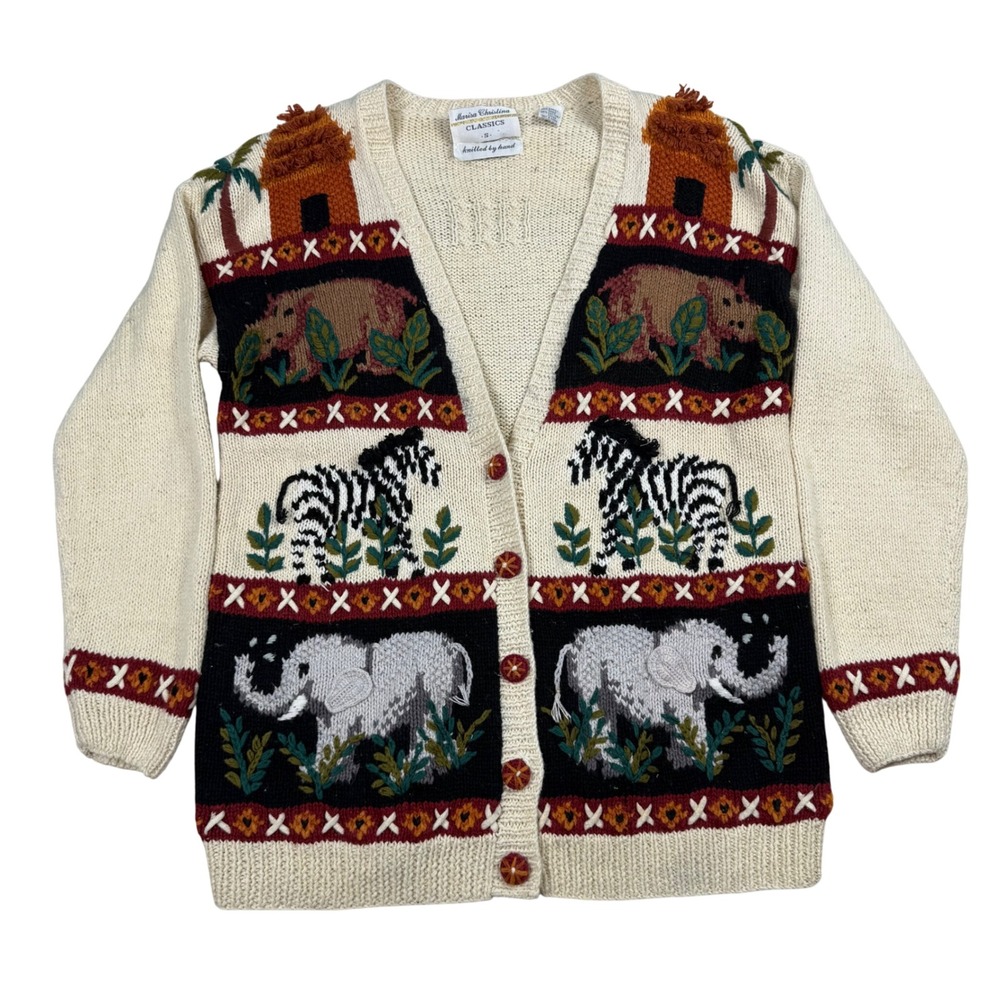 Vintage 90s Novelty‎ Knit Safari Animal Cardigan Sweater Elephant Zebra Sz S Zoo